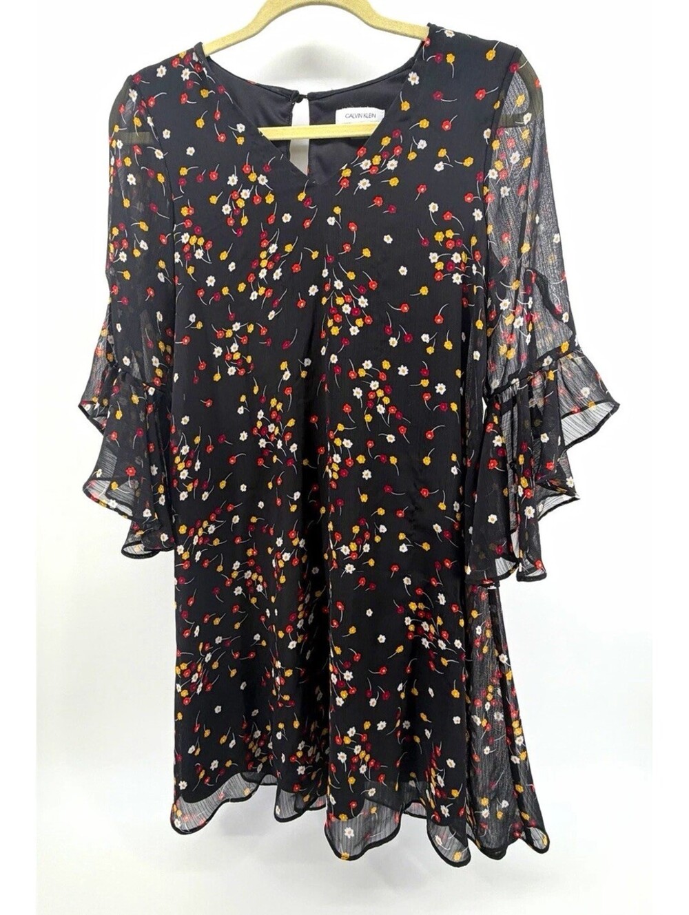 Calvin Klein Women’s 4 Black Floral Chiffon Shift V-Neck Bell Sleeve Dress